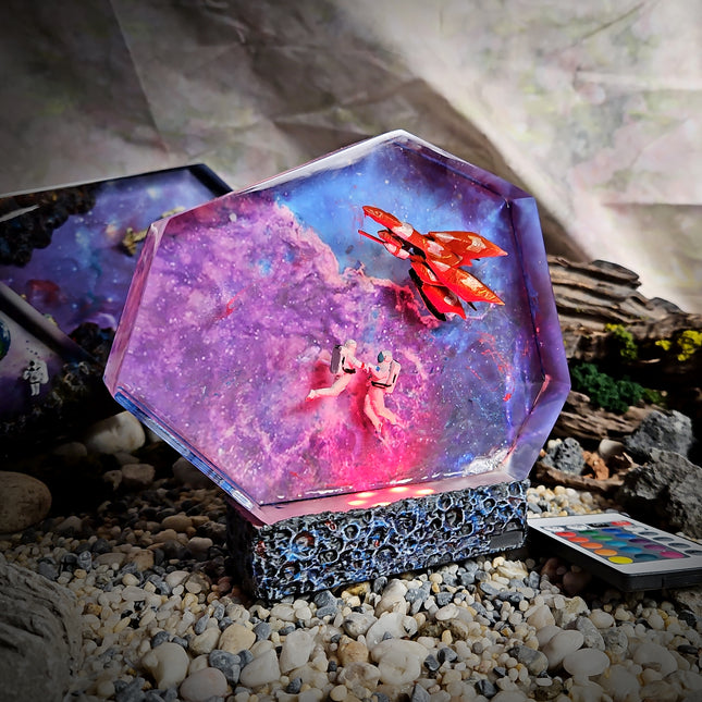 Galaxy resin table lamp inspired by Final Fantasy VIII displayed on desk decor