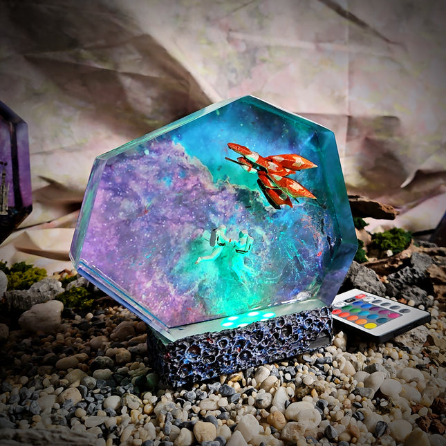 Crystal-clear epoxy resin art lamp with galaxy effect inspired by Final Fantasy VIII