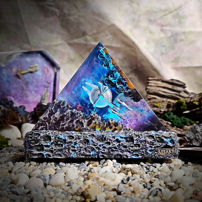Handmade galaxy resin lamp side view, triangular resin table lamp made from epoxy resin art