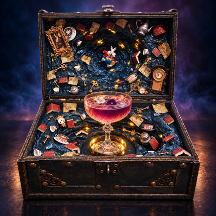 Alice in Wonderland steampunk treasure box lamp open with pink cocktail display