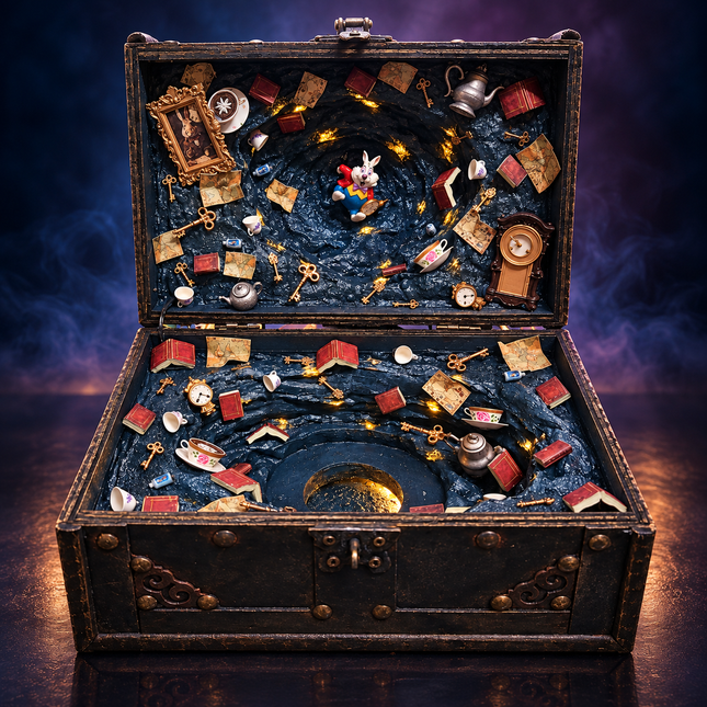 Alice-inspired fantasy treasure chest diorama with glowing central display