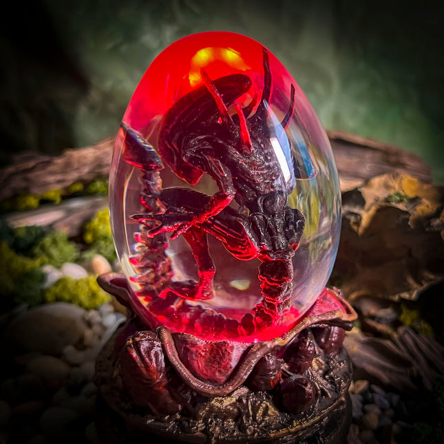 Close-up of Alien Resin Egg with detailed organic shell textures and LED lighting.