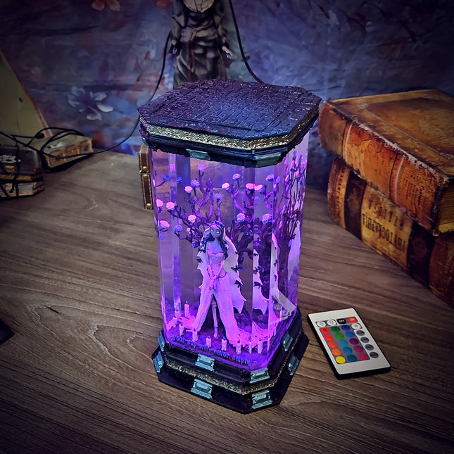 Decorative lamp with LED lights on a wooden surface, featuring a remote control.
