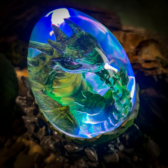 Close-up of Dragon resin lamp showing detailed scales and eggshell textures.