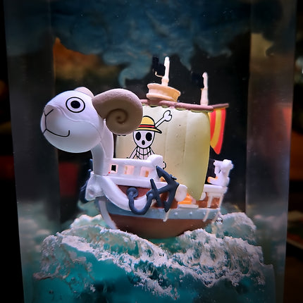 Toy ship with a character on it, surrounded by water and a dark background