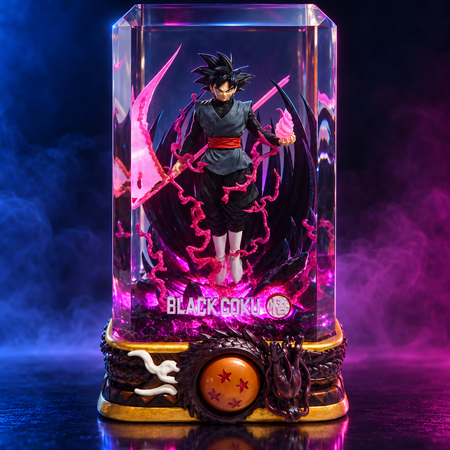 Goku Black Rosé anime resin lamp in a clear block with pink energy and dragon pedestal