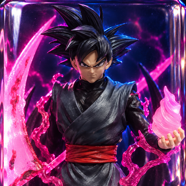 Close-up of Goku Black resin figure and vivid pink energy effects