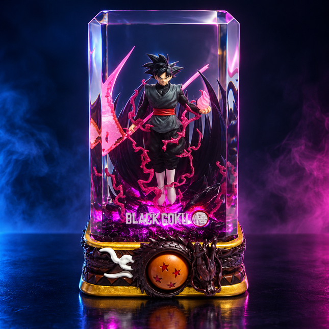 Goku Black resin collectible lamp displayed on ornate dragon base