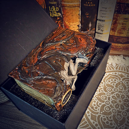Artisanal Epoxy Art Gollum statue designed as a decorative LOTR bookshelf insert.