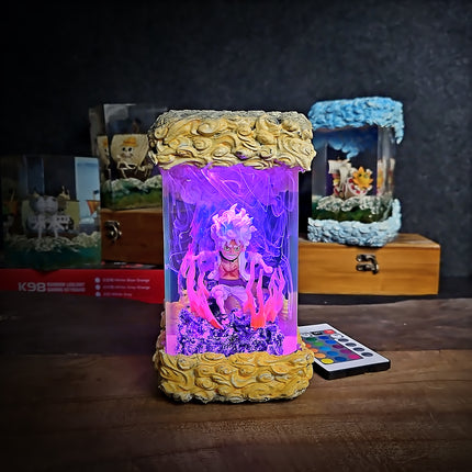 Decorative lamp with a colorful light display on a wooden surface.