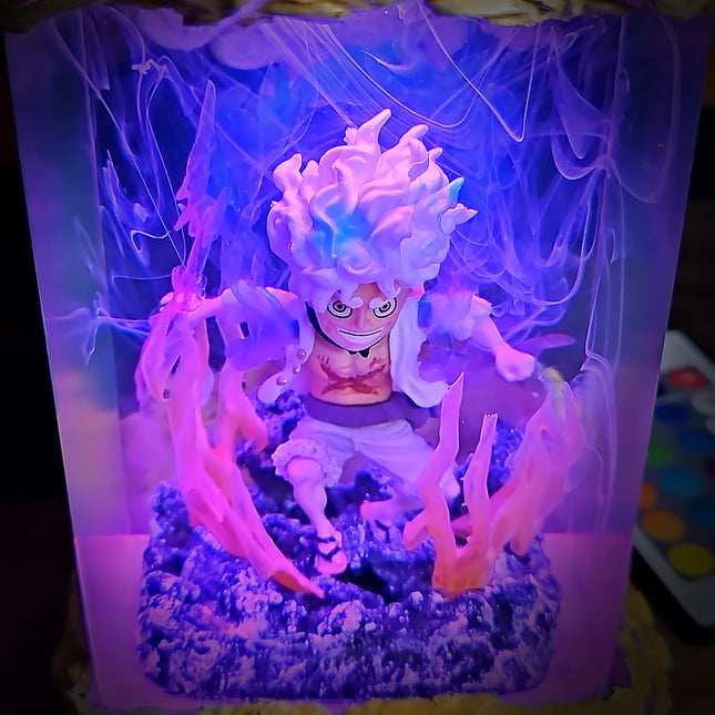 Toy figure in a glowing display case with colorful lighting effects