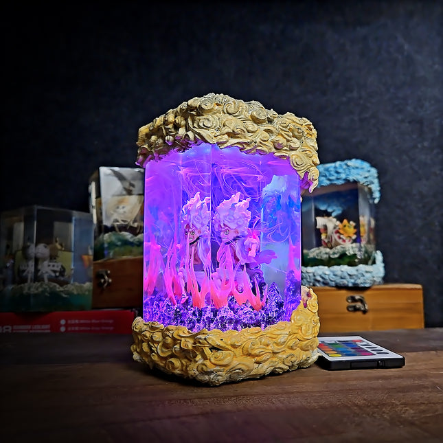 Decorative lamp with colorful light and floral design on a dark background