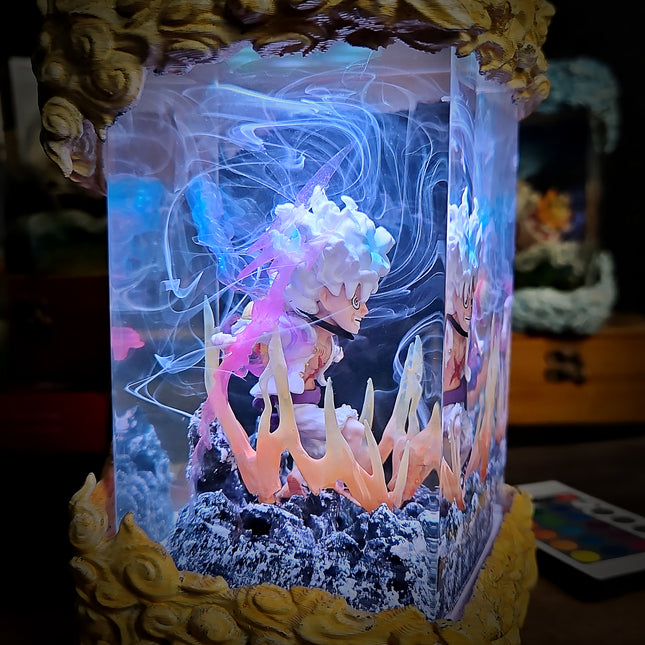 Anime character inside a glowing crystal box with colorful light effects.