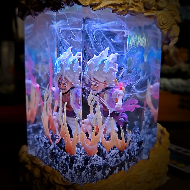 Decorative light box with animated characters inside, featuring blue and pink smoke effects.