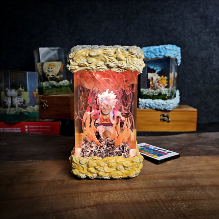 Decorative lamp with a character inside on a wooden surface, surrounded by other decorative items.