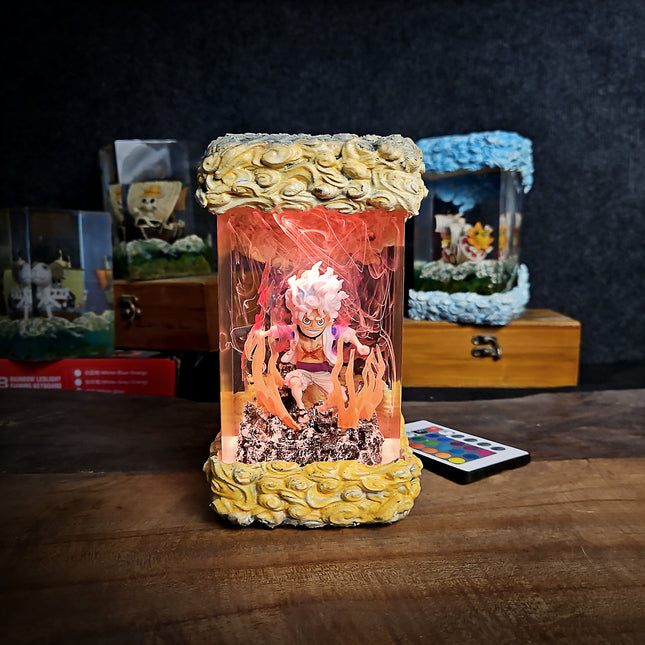 Decorative lamp with a character inside on a wooden surface, surrounded by other decorative items.