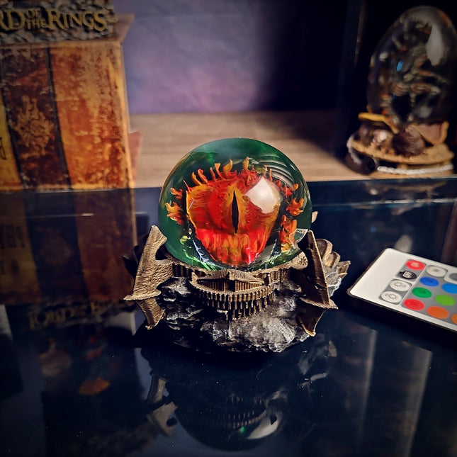 Side view of the Sauron Eye resin lamp showcasing the ancient shell and resin quality