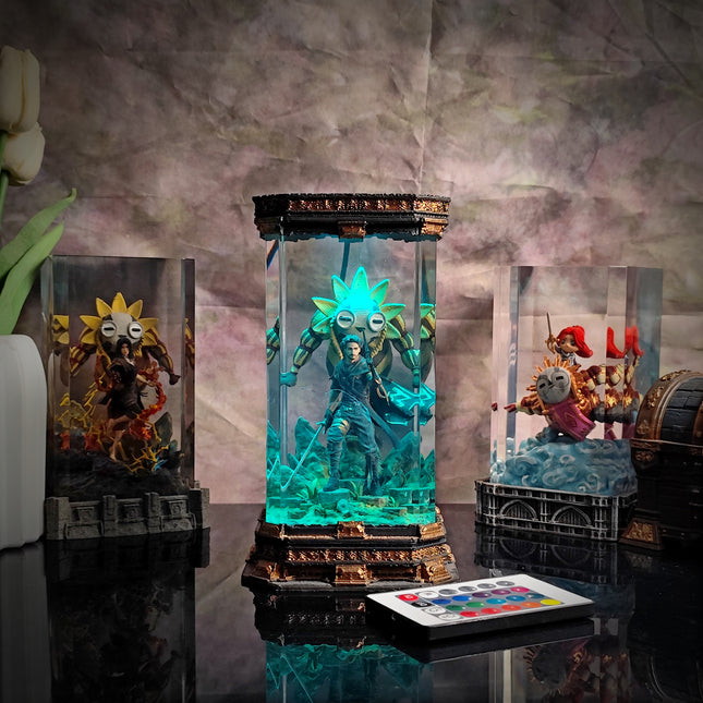 Resin table lamp showing Gustave in dynamic battle pose