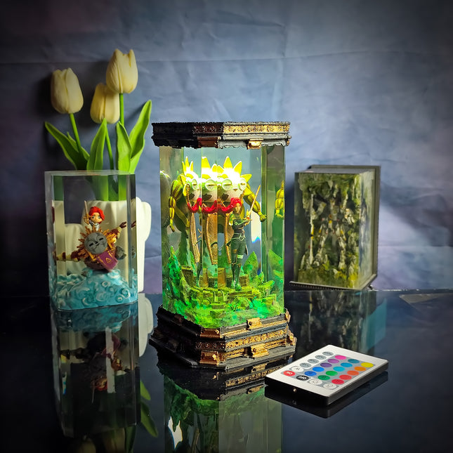 Resin table lamp with Maelle figure and atmospheric LED glow