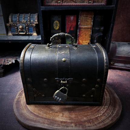 Closed vintage-style Alice steampunk chest with handle and combination padlock