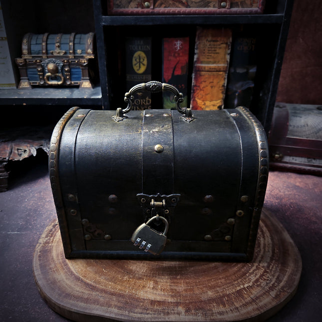 Closed vintage-style Alice steampunk chest with handle and combination padlock