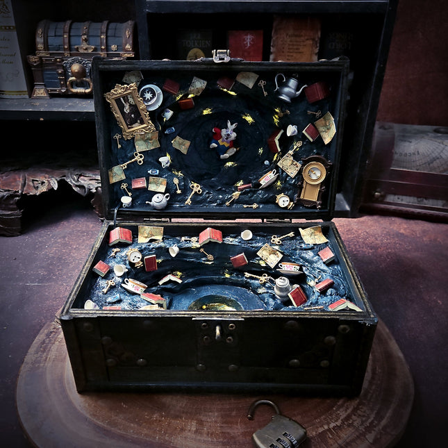Alice steampunk treasure chest lamp product photograph