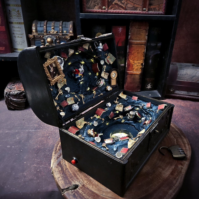 Alice fantasy diorama box with vintage steampunk-inspired construction