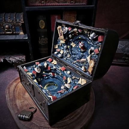 Open Alice Wonderland treasure chest with White Rabbit and miniature accessories