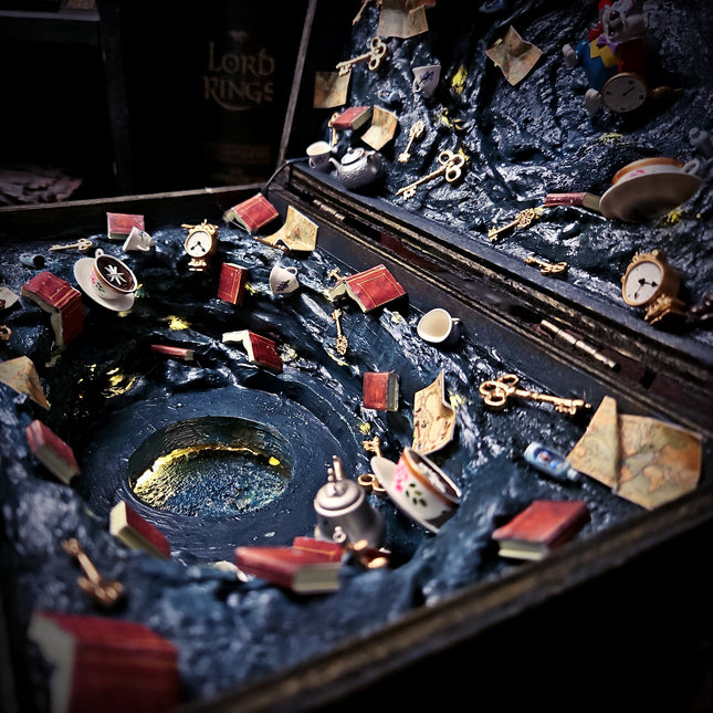 Close-up of Alice Wonderland diorama with teacups, keys and textured vortex