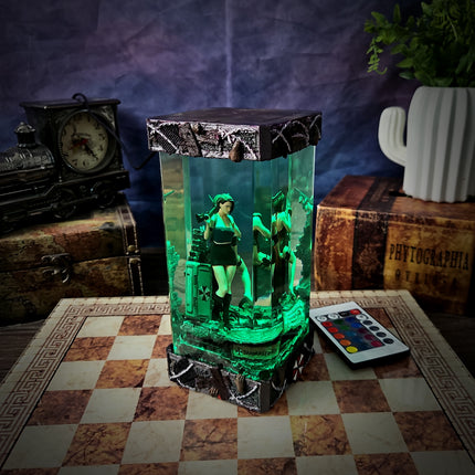 Decorative lamp with a green light, surrounded by vintage items on a checkered floor.