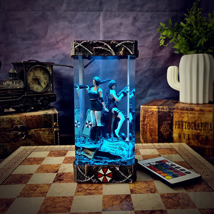 Decorative light box with animated figures on a checkered floor with a vintage clock and plant in the background.