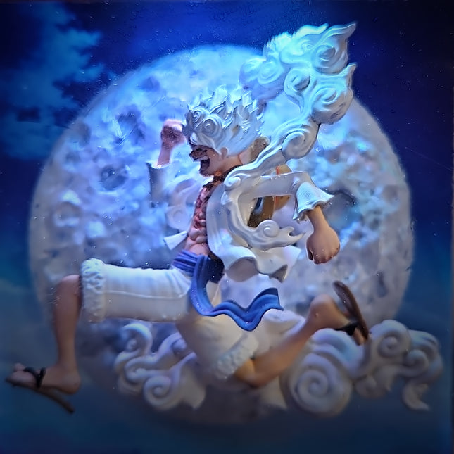 Figurine of a character with a large weapon on a blue background