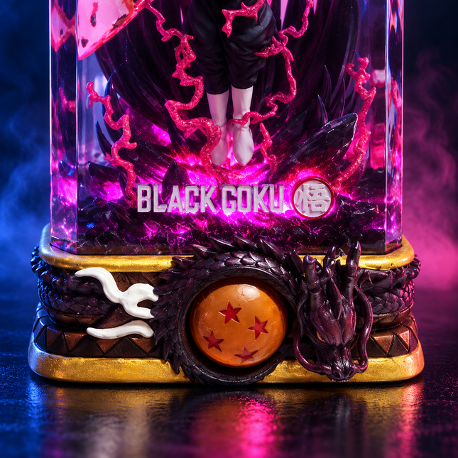 Detail of dragon pedestal with magenta lighting and three-star orb