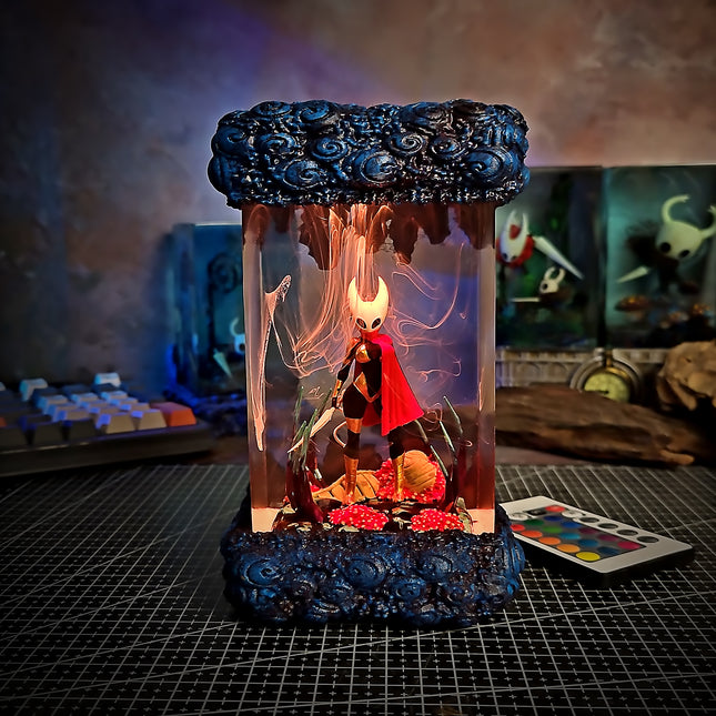 Close-up of Knight Hollow Knight resin sculpture with LED lamp