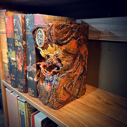 Side view of the Balrog book nook showing stone bridge textures and resin art quality.