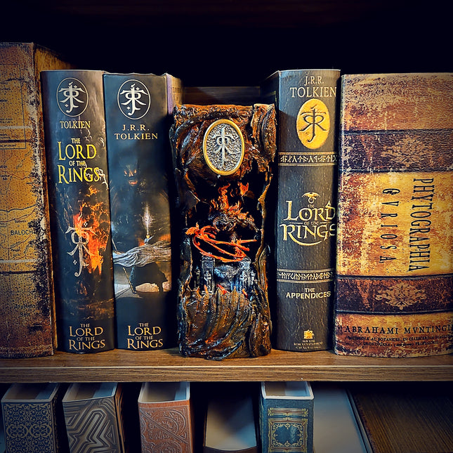 Handmade Balrog book nook shelf insert by Lee-Area showing fiery demon detail.