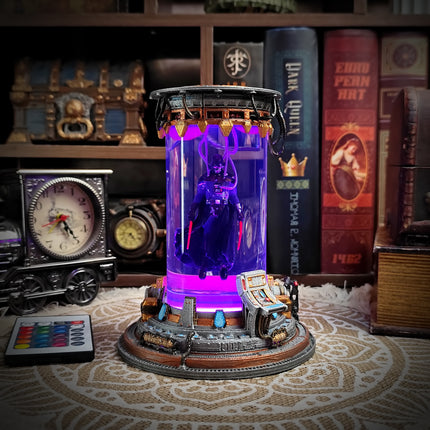 Decorative lamp with purple light on a patterned rug, surrounded by books and decorative items.