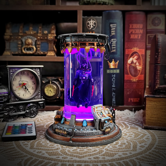 Decorative lamp with purple light on a patterned rug, surrounded by books and decorative items.