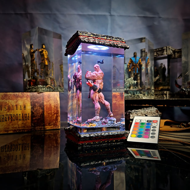 Clear glass display case with a muscular figure on a reflective surface