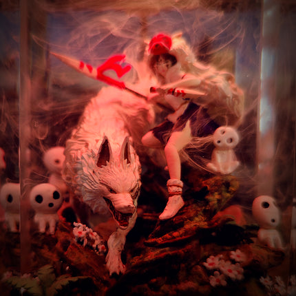 Figurine of a person on a creature with ghost-like figures around, in a dark and eerie setting.