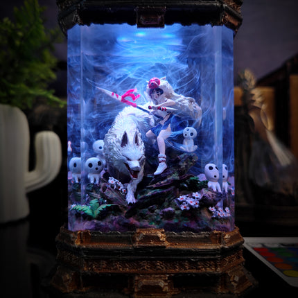 Side angle view of Mononoke fantasy room decor resin lamp