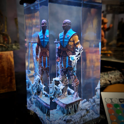 Figurine in a glass display case with a snowy landscape background