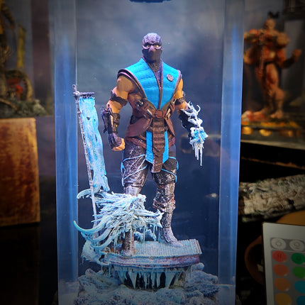 Action figure with icy throne in a display case